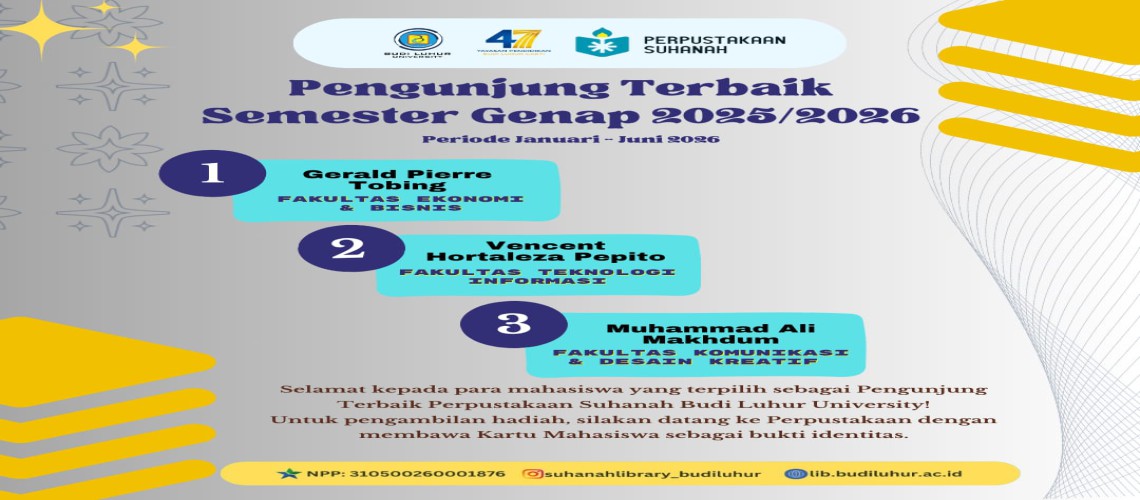 Pengumuman Peminjam Buku dan Pengunjung Terbaik Perpustakaan Suhanah Budi Luhur University Semester Genap 2025-2026